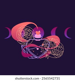 Vector illustration of love potion and magical elements with flowers, gemstones, and mystical themes. Perfect for clipart or mystical witchcraft designs.