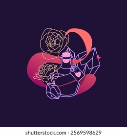 Vector illustration of love potion and magical elements with flowers, gemstones, and mystical themes. Perfect for clipart or mystical witchcraft designs.