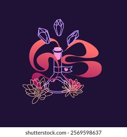 Vector illustration of love potion and magical elements with flowers, gemstones, and mystical themes. Perfect for clipart or mystical witchcraft designs.