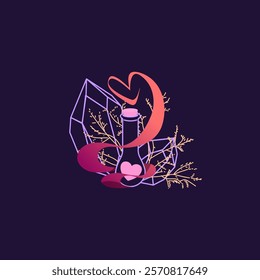 Vector illustration of love potion and magical elements with flowers, gemstones, and mystical themes. Perfect for clipart or mystical witchcraft designs.