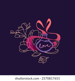 Vector illustration of love potion and magical elements with flowers, gemstones, and mystical themes. Perfect for clipart or mystical witchcraft designs.
