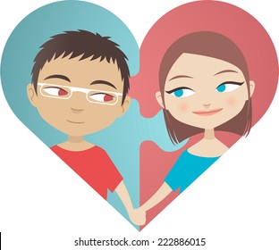 vector illustration of a love puzzle featuring a couple in a heart shape puzzle.