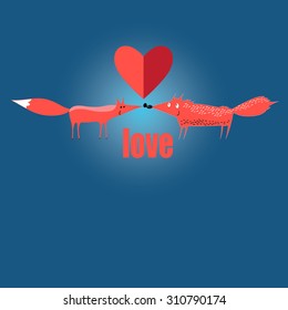 Vector illustration of love red foxes kissing