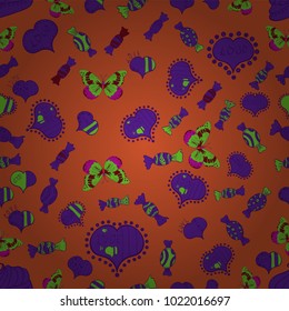 Vector illustration. Love repeated backdrop for girl, textile, clothes, wrapping paper. Romantic seamless. Valentine':s day. Sketch heart elements on orange, violet and green colors.