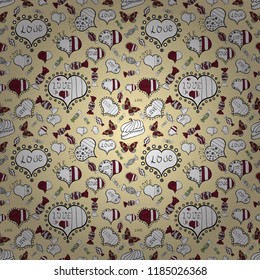 Vector illustration. Love repeated backdrop for girl, textile, clothes. Valentine's day. Seamless love pattern. Wrapping paper. Sketch heart elements on beige, white and black colors.
