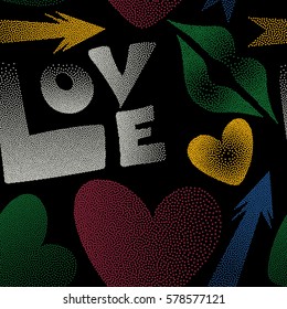 Vector illustration. Vector love seamless background pattern in red, green and yellow colors. Love text and kissing lips on a black backdrop for print wrapping paper or textile.