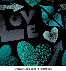 Vector illustration. Vector love seamless background pattern in blue colors. Love text and kissing lips on a black backdrop for print wrapping paper or textile.