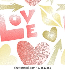 Vector illustration. Vector love seamless background pattern in yellow, pink and orange colors. Love text and kissing lips on a white backdrop for print wrapping paper or textile.