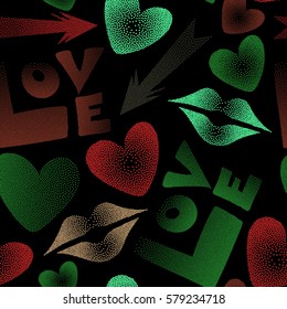 Vector illustration. Vector love seamless background pattern in brown, green and red colors. Love text and kissing lips on a black backdrop for print wrapping paper or textile.
