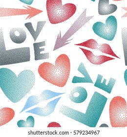 Vector illustration. Vector love seamless background pattern in red, blue and violet colors. Love text and kissing lips on a white backdrop for print wrapping paper or textile.