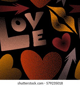 Vector illustration. Vector love seamless background pattern in orange and red colors. Love text and kissing lips on a black backdrop for print wrapping paper or textile.