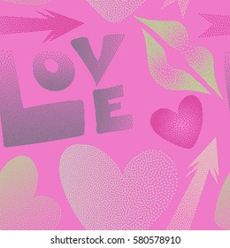 Vector illustration. Vector love seamless background pattern in pink colors. Love text and kissing lips for print wrapping paper or textile.