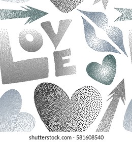 Vector illustration. Vector love seamless background pattern in gray and blue colors. Love text and kissing lips on a white backdrop for print wrapping paper or textile.