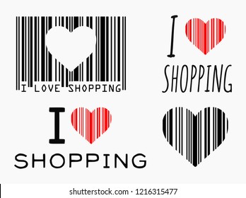 Vector illustration of love for shopping concept represented by the writing I love shopping and a heart made with barcode lines