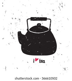 Vector illustration I love tea with lettering. Black pot silhouette with hand written. Isolated object on white grunge background