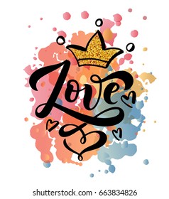 Vector illustration of Love text for boys, girls clothes. Romantic badge, tag, icon. Inspirational quote card, invitation, banner. Feminine calligraphy. Woman lettering typography poster.EPS 10
