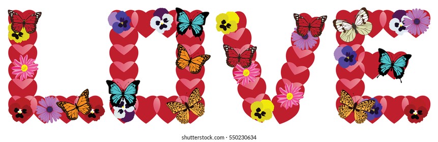 vector illustration of love text with butterflies