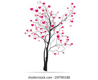 Vector illustration of a love tree having heart shapes in red and pink color on  white background for Valentines Day and other occasions.