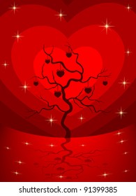 Vector illustration of a love tree having hanging heart shapes with shiny stars on heart shape background for Valentines Day.