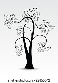 Ilustración vectorial de un árbol de amor que tiene formas florales de corazón en color negro sobre fondo blanco aislado para San Valentín y otras ocasiones.