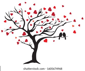 vector illustration of a love tree with red hearts and birds. 