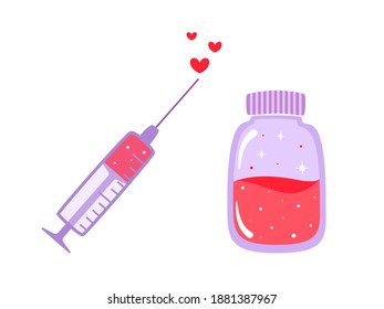 Vector illustration of love vaccine for Valentine's Day in cartoon style isolated. Doodle in the shape of a syringe and a vial with a vaccine. Vaccination symbol during an epidemic