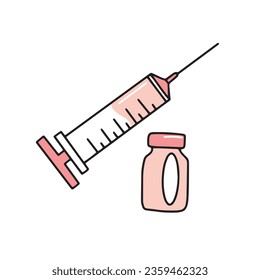 Vector illustration of love vaccine for Valentine's Day in cartoon style isolated. Doodle in the shape of a syringe and a vial with a vaccine. Vaccination symbol during an epidemic