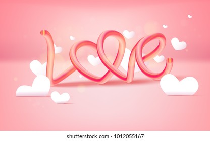 Vector illustration of love and valentine day with text LOVE and flying heart balloons. happy valentine's day.