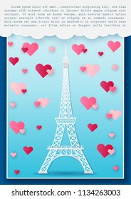 Vector illustration love and valentine day travel concept, Beautiful of Eiffel Tower. France, Paris and Heart on Cloud. blue background Design, Card for greeting or congratulation, poster, paper art.