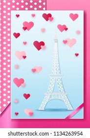 Vector illustration love and valentine day travel concept, Beautiful of Eiffel Tower. France, Paris and Heart. background Design, Card for greeting or congratulation, party poster, paper art style.