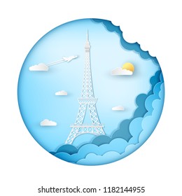 Vector illustration love and valentine day travel concept, Beautiful of Eiffel Tower. France, Paris and cloud on heart. blue background Design, Card for greeting, party poster, paper art style.