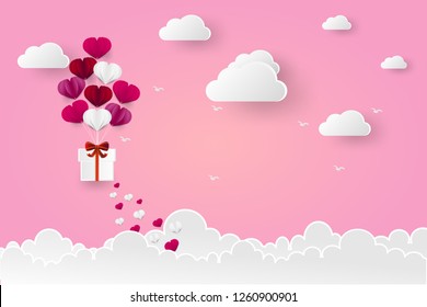 Vector Illustration of love and valentine day, balloon heart shape hang the gift box float on the sky.paper art and digital craft style