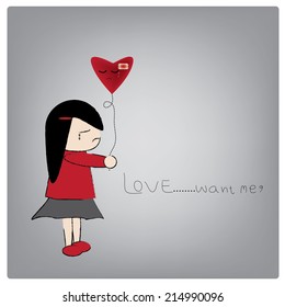 Vector illustration love want me?, Woman in red dress holding balloon was crying.