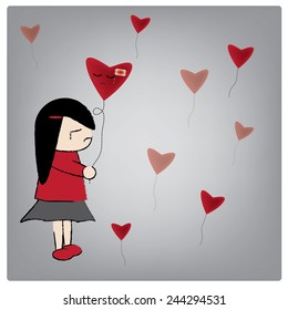 Vector illustration love want me?, Woman in red dress holding balloon was crying.