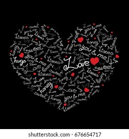 Vector illustration with love words and small red hearts on black background.