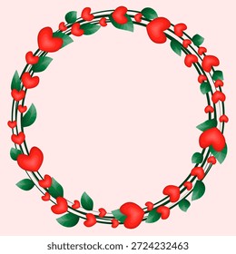 Vector Illustration of a Love Wreath Featuring Vibrant Red Hearts and Fresh Leaves. Circular Botanical Frame for Anniversary Invitations, Romantic Gift Tags, and Seasonal Web Design Elements.