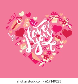 A vector illustration of i love you brush script lettering with love or valentine's day design elements like gifts, hearts and cupcakes;