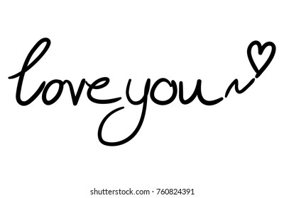 Vector illustration of "love you" lettering text and heart shape isolated on a white background. Phrase for Valentine's day. Hand written calligraphy style.