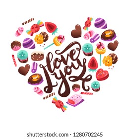 A vector illustration of I love you phrase with candies, sweets, treats and chocolates in a heart shape.
