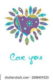 Vector illustration of love you text with feather around heart . Perfect for holiday flat design. Love background heart shape for valentine day. Design gifts card, romantic. Lettering of love you text