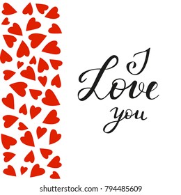 Vector illustration with I Love you text on red heart background. Holiday card with romantic text "I Love you". Copy space for text. Red, white, black colors. Design elements for Valentine's day card