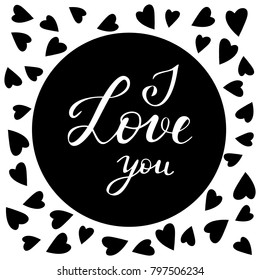Vector illustration of I Love You text and hearts background. White and black colors. Design elements for Valentine's day. EPS 10