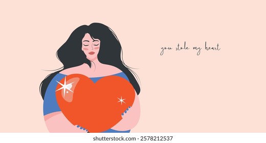 Vector illustration. I love you, Valentine's day. Banner, background, postcard. Horizontal banner. Modern style. Girl holds heart, hugs.