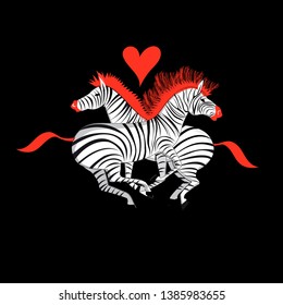 Vector illustration with love zebras on a black background