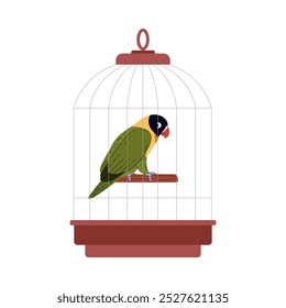 Vector illustration of a lovebird parrot in a cage, isolated on a white background. A tropical bird with green wings and black feathers on its head