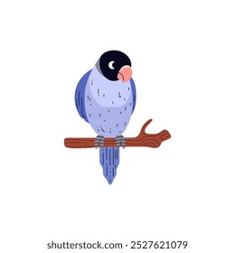 Vector illustration of a lovebird parrot sitting on a tree branch, isolated on a white background. An exotic bird with blue wings and black feathers on its head