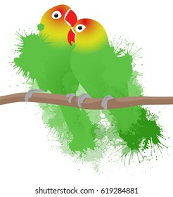 Vector illustration of lovebirds parrots with watercolor splashes. Love. Pair of birds.