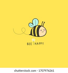 Vector illustration of lovely bee flying on yellow background. Bee happy for card design, t-shirt or textile print. Inspiring creative motivation quote card.