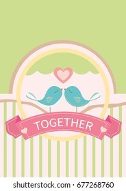 Vector illustration of lovely bird couples kiss on the tree, flat design, wallpaper