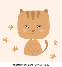 Vector illustration of lovely brown cat with footprint on soft brown background